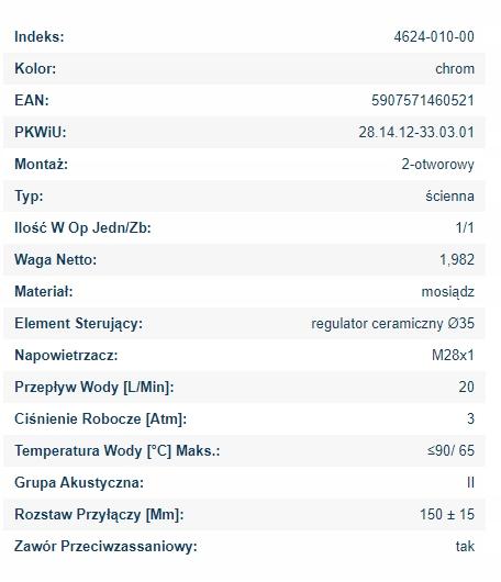 Bateria wannowa ścienna ARMATURA KRAKÓW ANGELIT 1-uchw 2-otw mosiężna chrom
