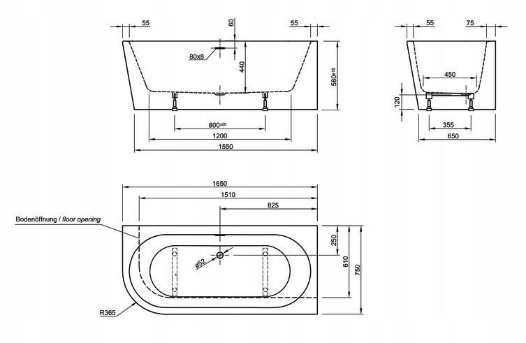 ROCA Wanna ETERNITY CORNER RIGHT 1650x750 z syfonem KLIK-KLAK