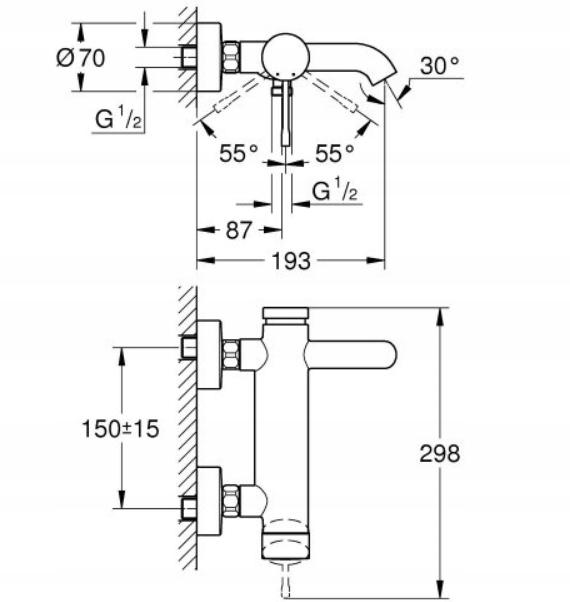 Bateria wannowa ścienna GROHE Essence 1-uchwyt. 2-otworowa mosiężna chrom