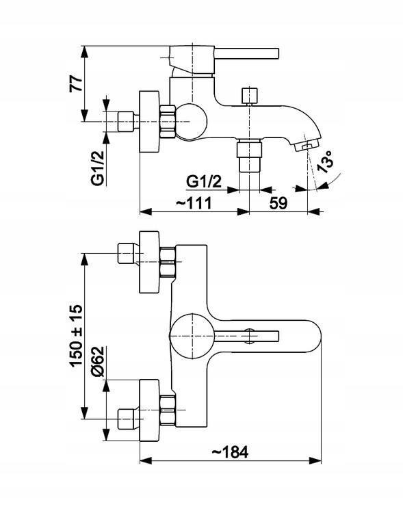 Bateria wannowa ścienna ARMATURA KRAKÓW TANZANIT 2-otw mosiężna chrom