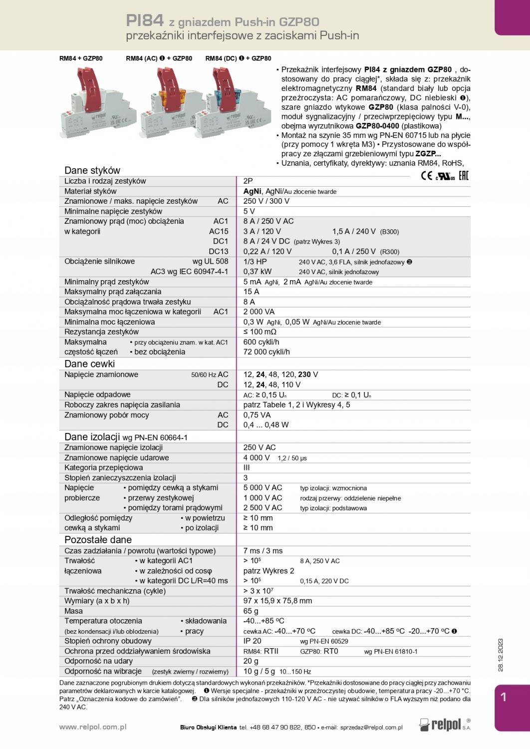 Przekaźnik interfejsowy Push-in 2P, 8A, 24 V DC PI84-024DC-M41G-PS-2012