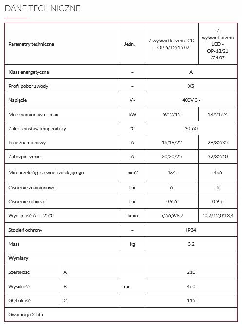 Podgrzewacz przepływ. BIAWAR K-2 LCD OP-18/24 48h