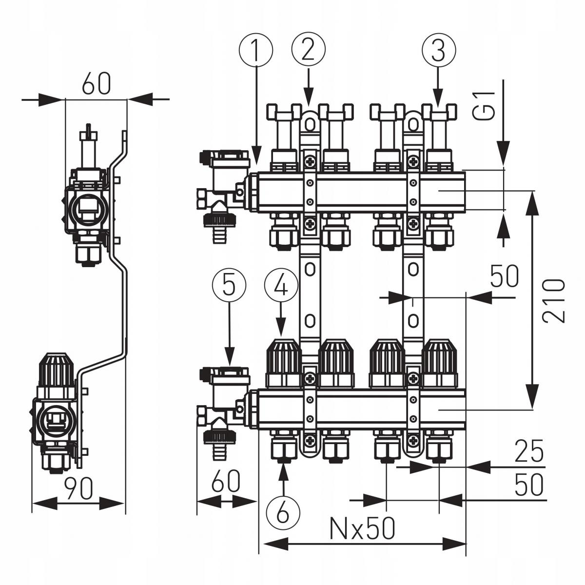 Rozdzielacz 2-drog z zaworami termostat i przepływomierzami standard