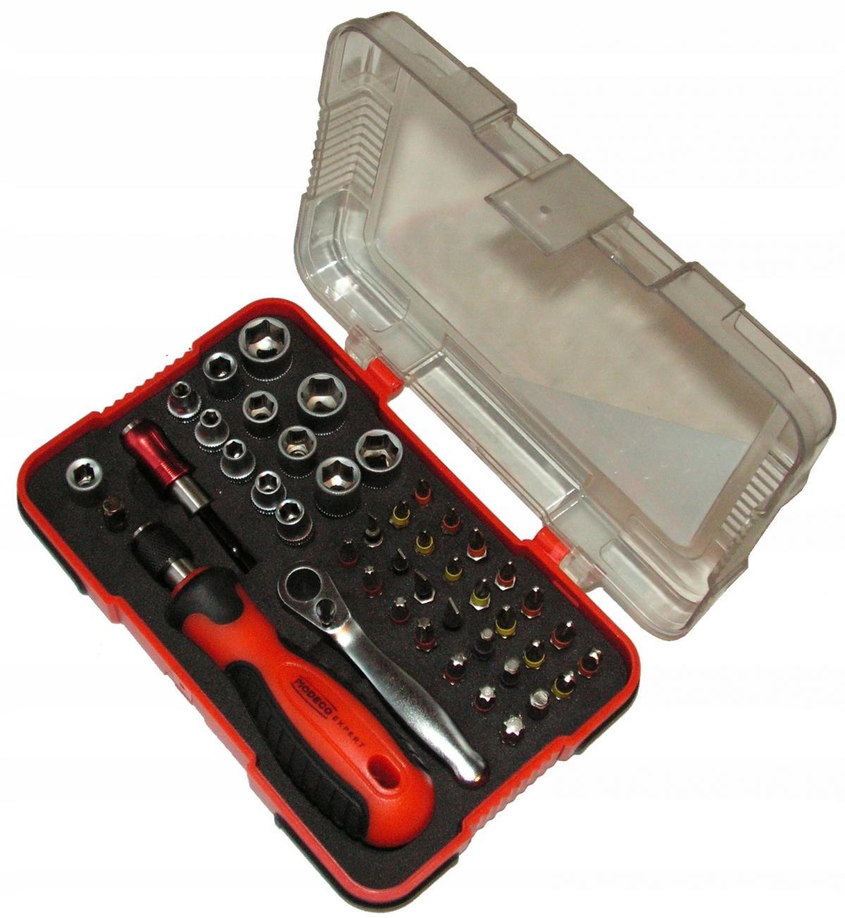 Zestaw wkrętak minigrzechotka nasadki bity PVC box 45cz