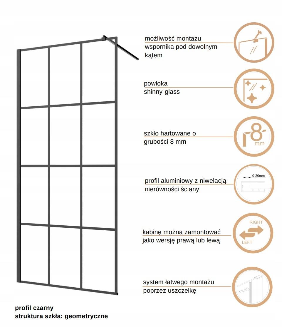 INVENA KABINA WALK-IN II 90X200CM GEOMETRYCZNA 8MM SHINY-GLASS CZARNY