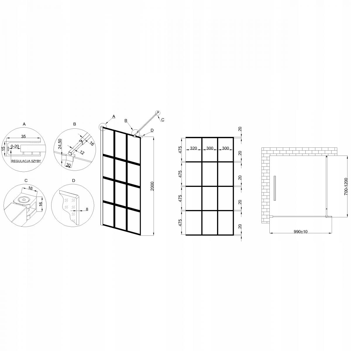 INVENA KABINA WALK-IN II 100X200CM GEOMETRYCZNA 8MM SHINY-GLASS CZARNY