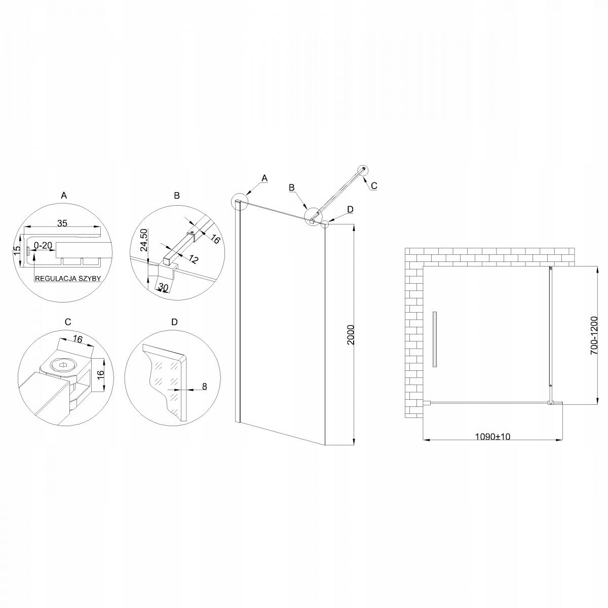 INVENA KABINA WALK-IN II 110X200CM RAMKA 8MM SHINY-GLASS CZARNY