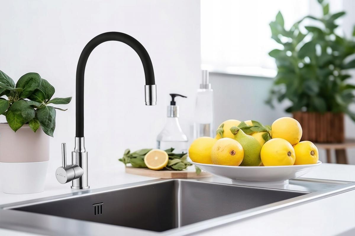 INVENA BATERIA ZLEWOZMYWAKOWA SILVA Z RUCHOMĄ WYLEWKĄ, INOX / CZARNA