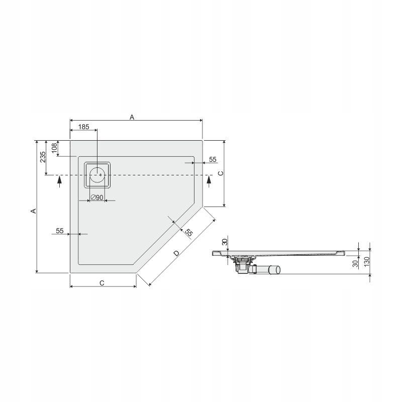 Brodzik akrylowy pięciokątny 90x90x3 cm SANPLAST Space Line BPK/SPACE biały