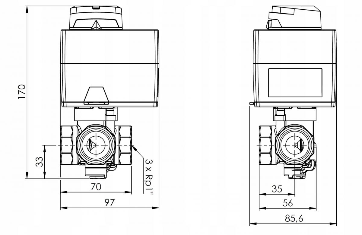 AFRISO Zestaw regulacyjny: 3-drogowy obrotowy zawór miesz + siłownik elektr