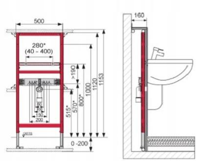 Stelaż montażowy pod umywalkę TECE TECEprofil 500 x 140 x 1120 mm