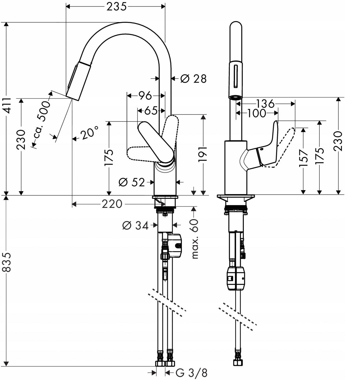 Bateria kuchenna Hansgrohe Focus jednouchwytowa z wyciąganą wylewką 3181500