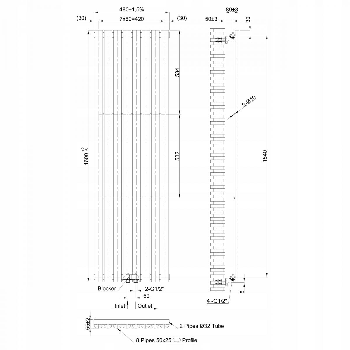 Grzejnik pionowy dekoracyjny INVENA MONO 1600X480 MOC: 796W CZARNY