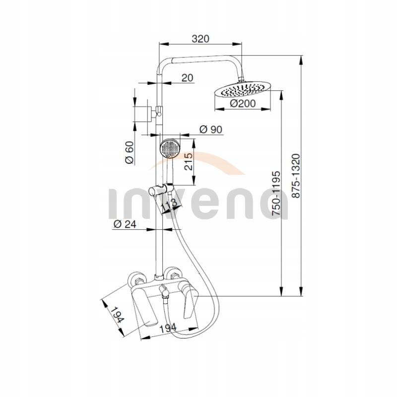 INVENA DESZCZOWNIA Z BATERIĄ WANNOWĄ DOKOS CZARNA