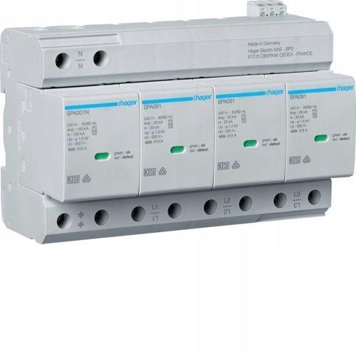 HAGER Ogranicznik SPD T1+T2 4P sieć TN-S/TT Iimp=100kA Up1, 5kV styk