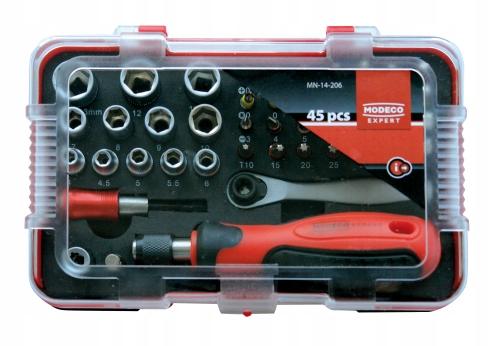 Zestaw wkrętak minigrzechotka nasadki bity PVC box 45cz