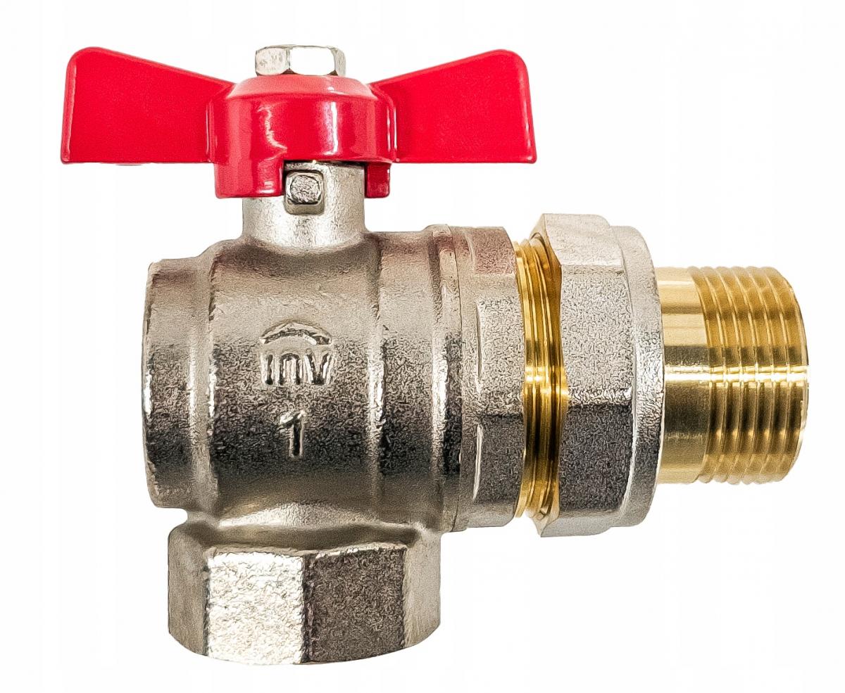 INVENA ZAWÓR KULOWY KĄTOWY ZE ŚRUBUNKIEM DN 25 Z CZERWONYM MOTYLKIEM PROV