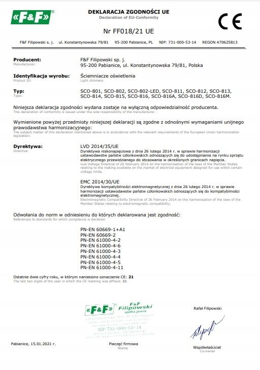 Ściemniacz oświetlenia SCO-802-LED do źródeł światła LED, z pamięcią ustawi