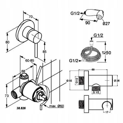 Zestaw prysznicowy higieniczny KLUDI BOZZ chrom zawiera: element podtynkowy