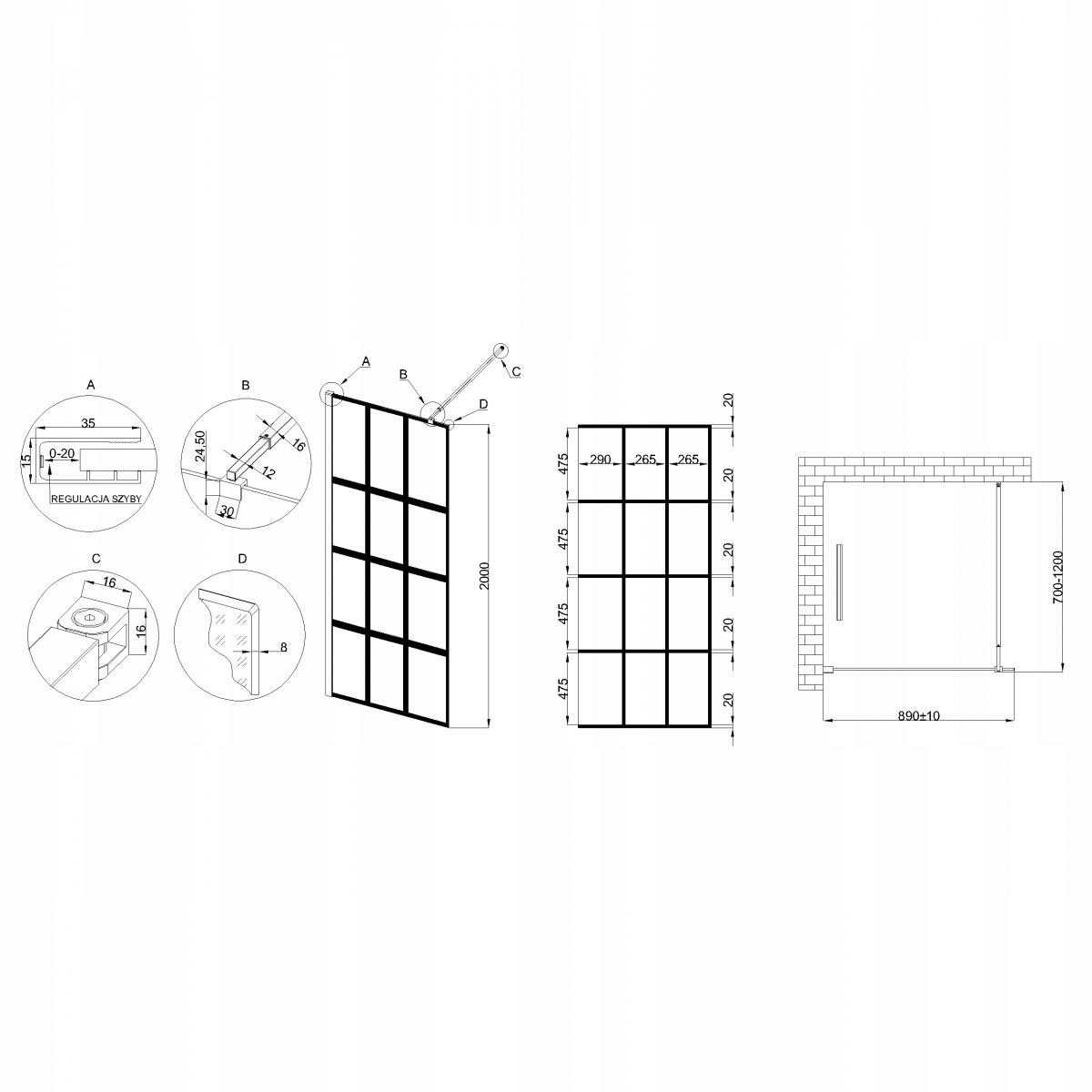 INVENA KABINA WALK-IN II 90X200CM GEOMETRYCZNA 8MM SHINY-GLASS CZARNY