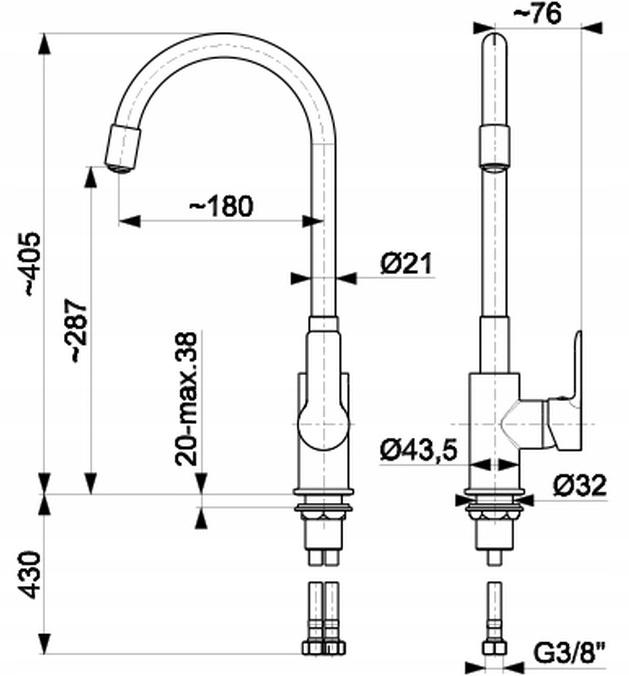 Bateria kuchenna stojąca ARMATURA KRAKÓW RUMBA 1-otw. mosiężna chrom/czarny