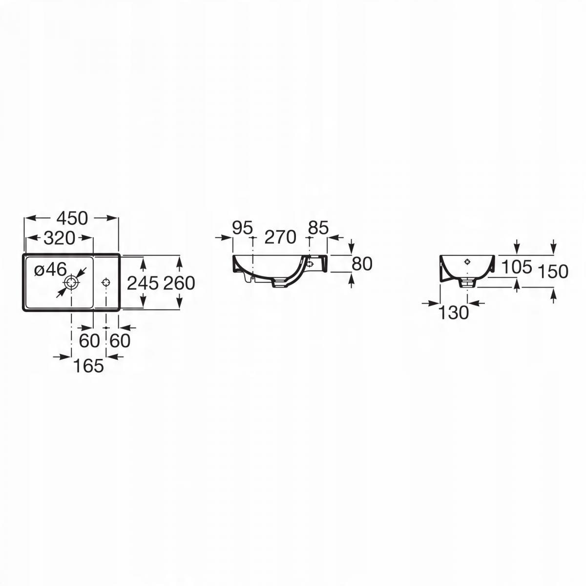 Umywalka ścienna ONA COMPACTO 45x26cm, z/otw., z/przel. Biały ROCA