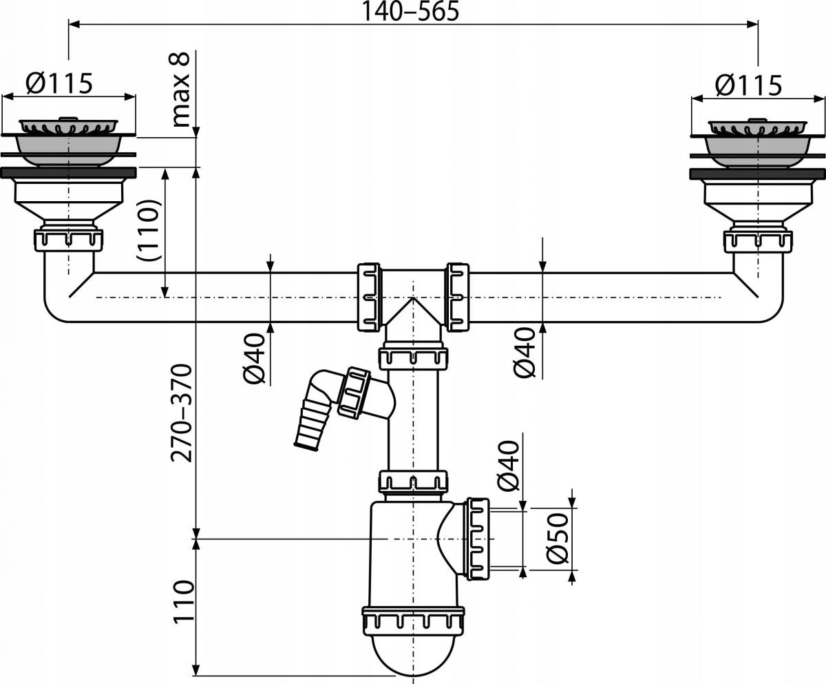 Syfon zlewozmywakowy dwukomorowy ALCA DN 115 z przyłączem, sitko nierdzewne
