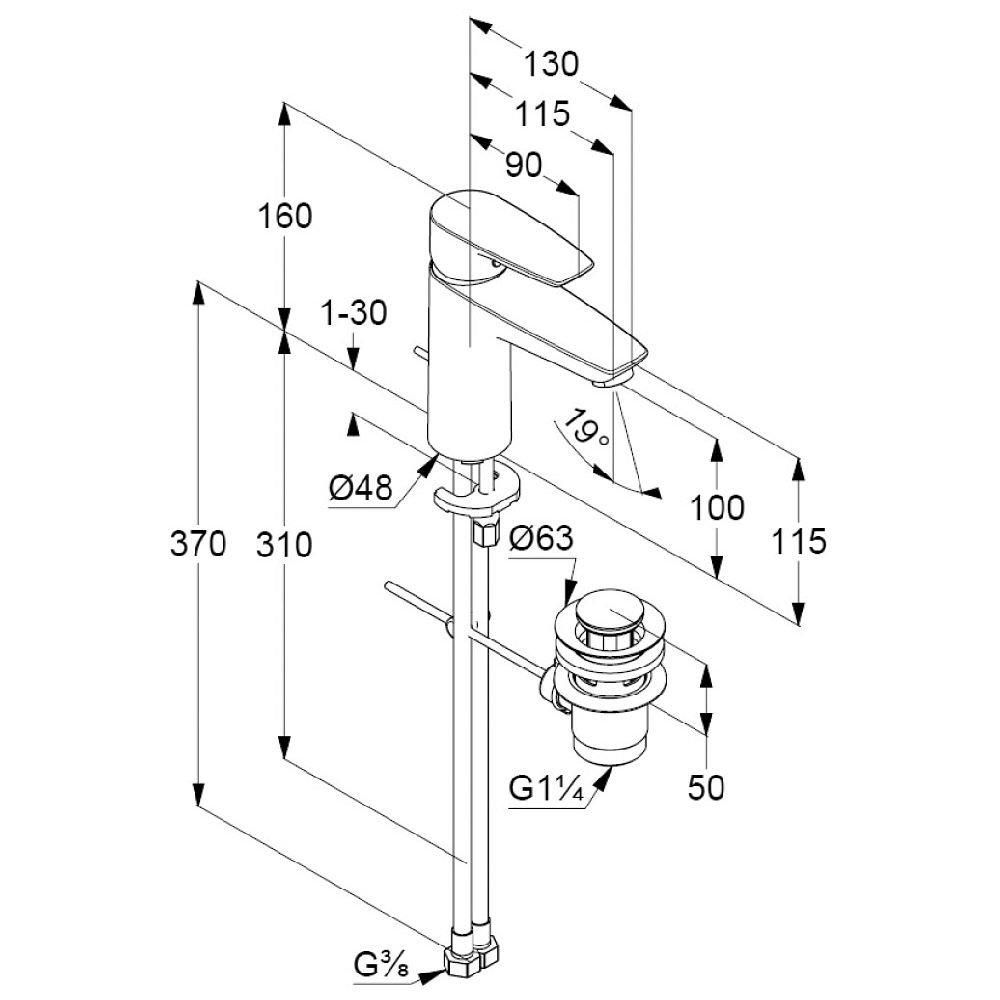 Bateria umywalkowa KLUDI PURE&SOLID XL 100 1-uchwytowa mosiężna chrom