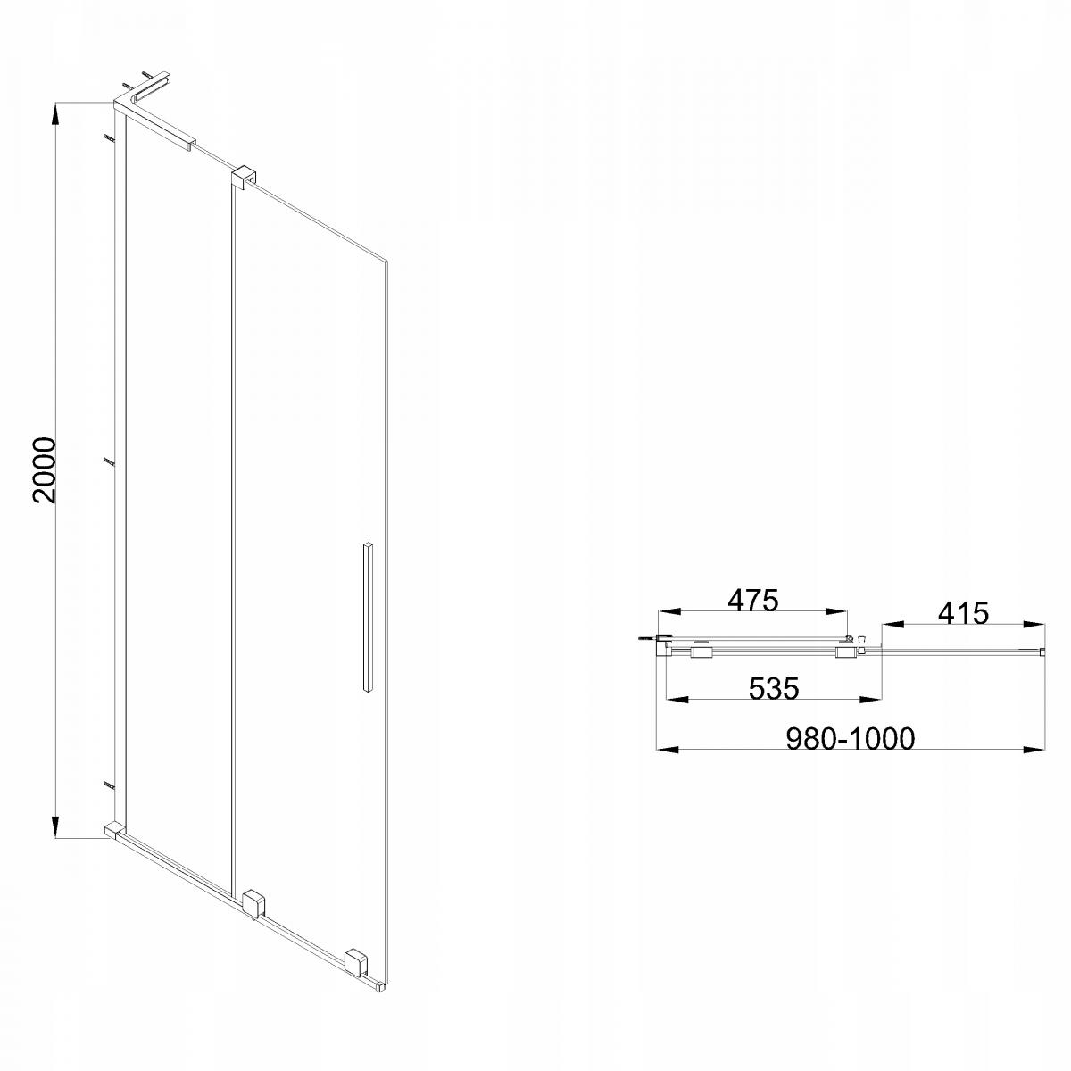 KABINA WALK-IN PRZESUWNA 100 CM, TRANSP 8 MM, CZARNY