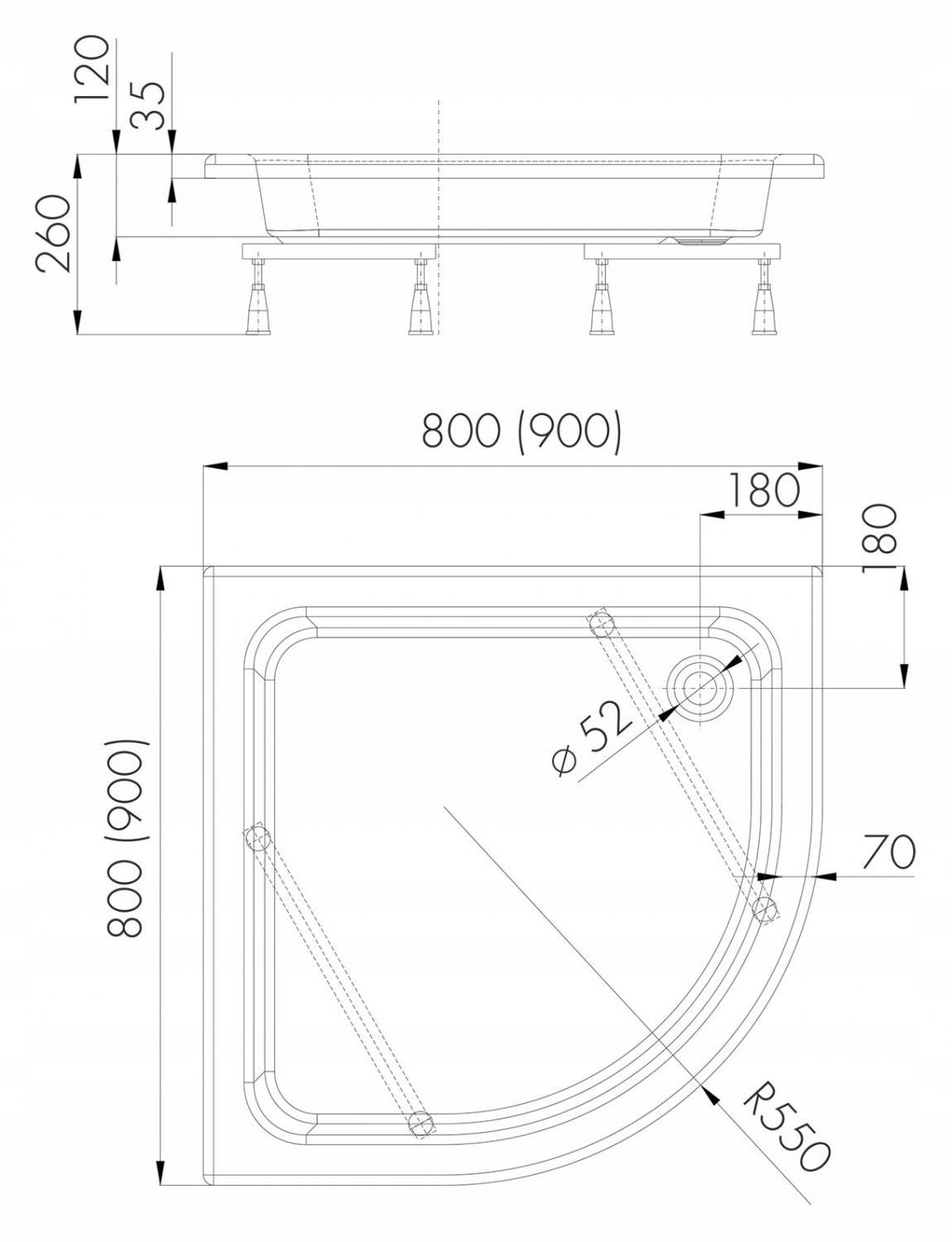 SCHEDPOL Brodzik akrylowy Zefir Standard Plus 90x90x26 cm R55 pólokrągły