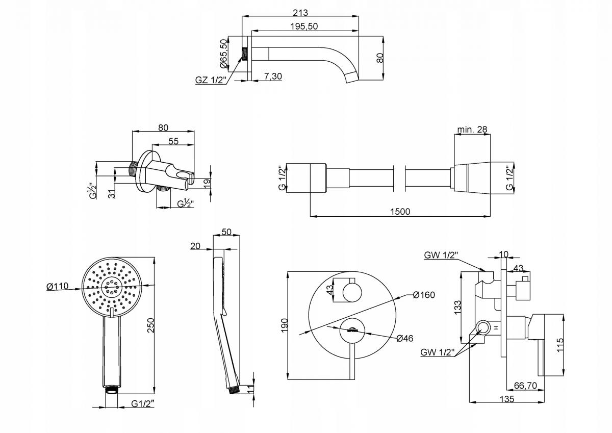 INVENA ZESTAW WANNOWY PODTYN Z BATERIĄ PODTYNKOWĄ 2-FUNKCYJNĄ DAFNI CZAR