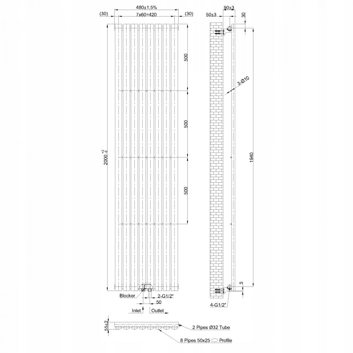 Grzejnik pionowy dekoracyjny INVENA MONO 2000X480 MOC: 983W CZARNY