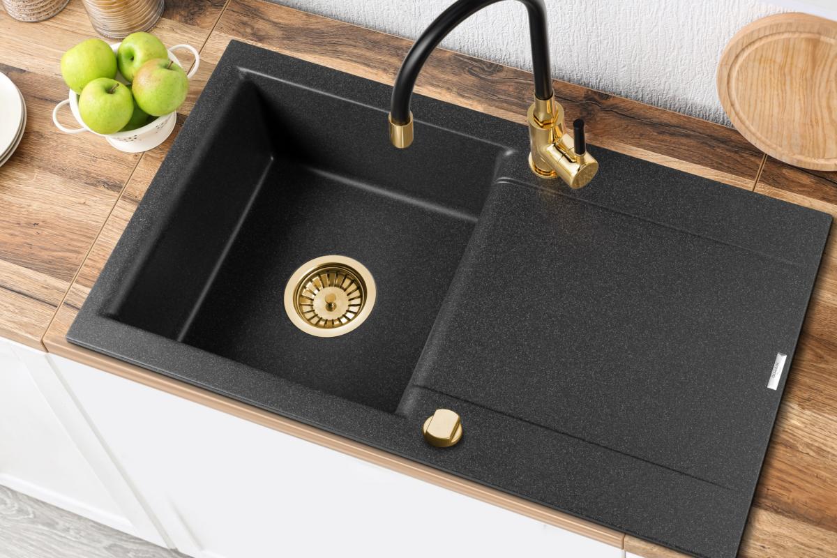 ZLEWOZMYWAK GRANIT 1K TESALIA CZARNY NAKRAPIANY Z SYF ZŁOTY Z DŁUGIM OCIEK