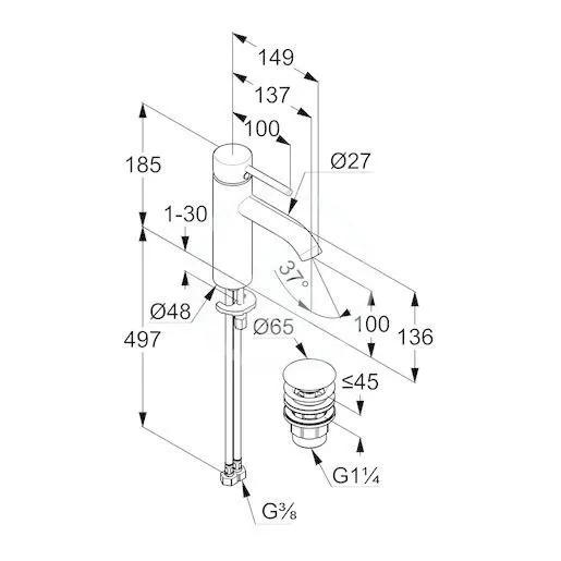 Bateria umywalkowa stojąca KLUDI BOZZ 100 1-uchwytowa 1-otworowa chrom