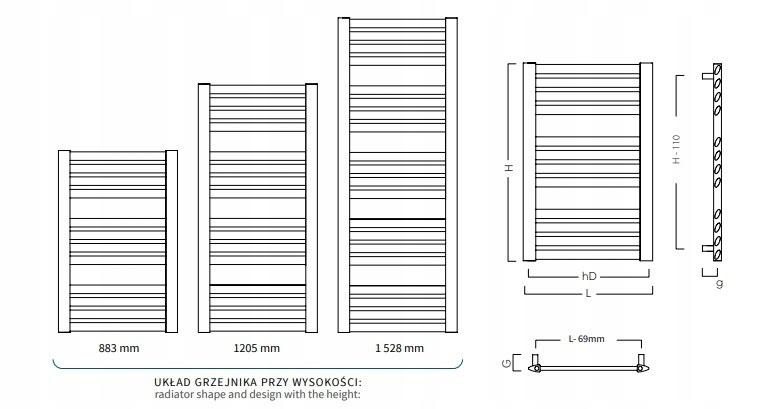 Grzejnik drabinkowy MAKAO 577X1205, podłączenie dolne, rozstaw=500mm silver