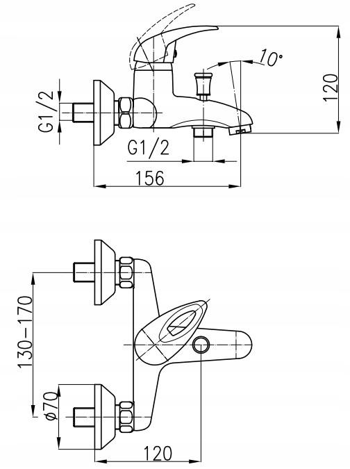 Bateria wannowa ścienna ARMATURA KRAKÓW KRZEM 1-uchwyt. 2-otw mosiądz chrom