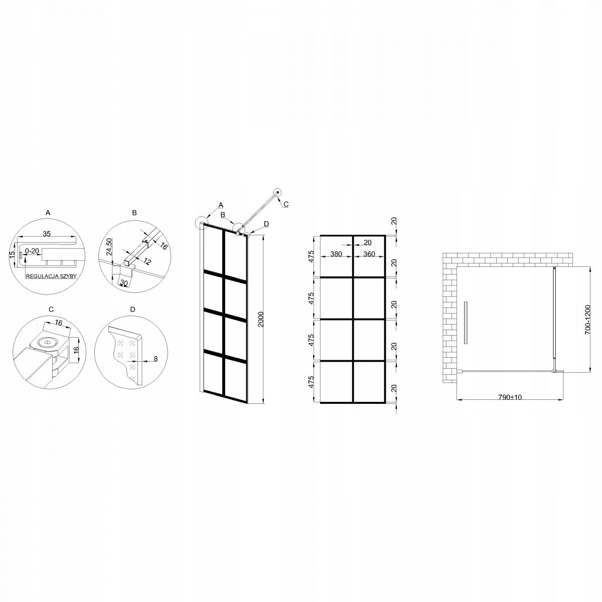 INVENA KABINA WALK-IN II 80X200CM GEOMETRYCZNA 8MM SHINY-GLASS CZARNY