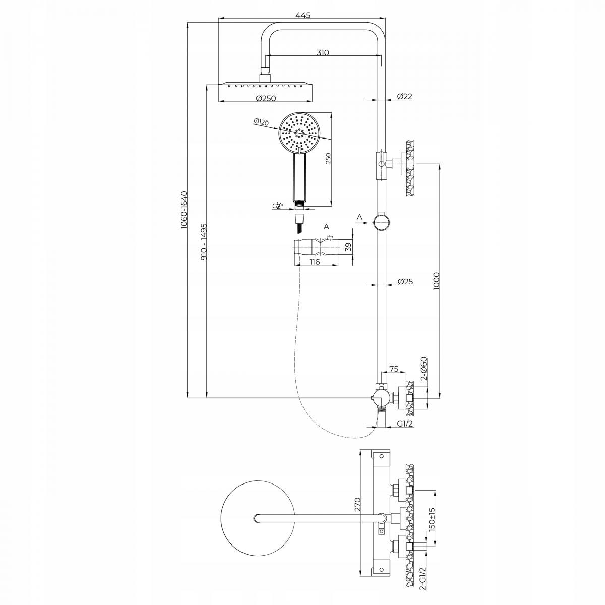 INVENA DESZCZOWNIA Z BATERIĄ TERMOSTATYCZNĄ GOLD INVENA TREND ZŁOTA