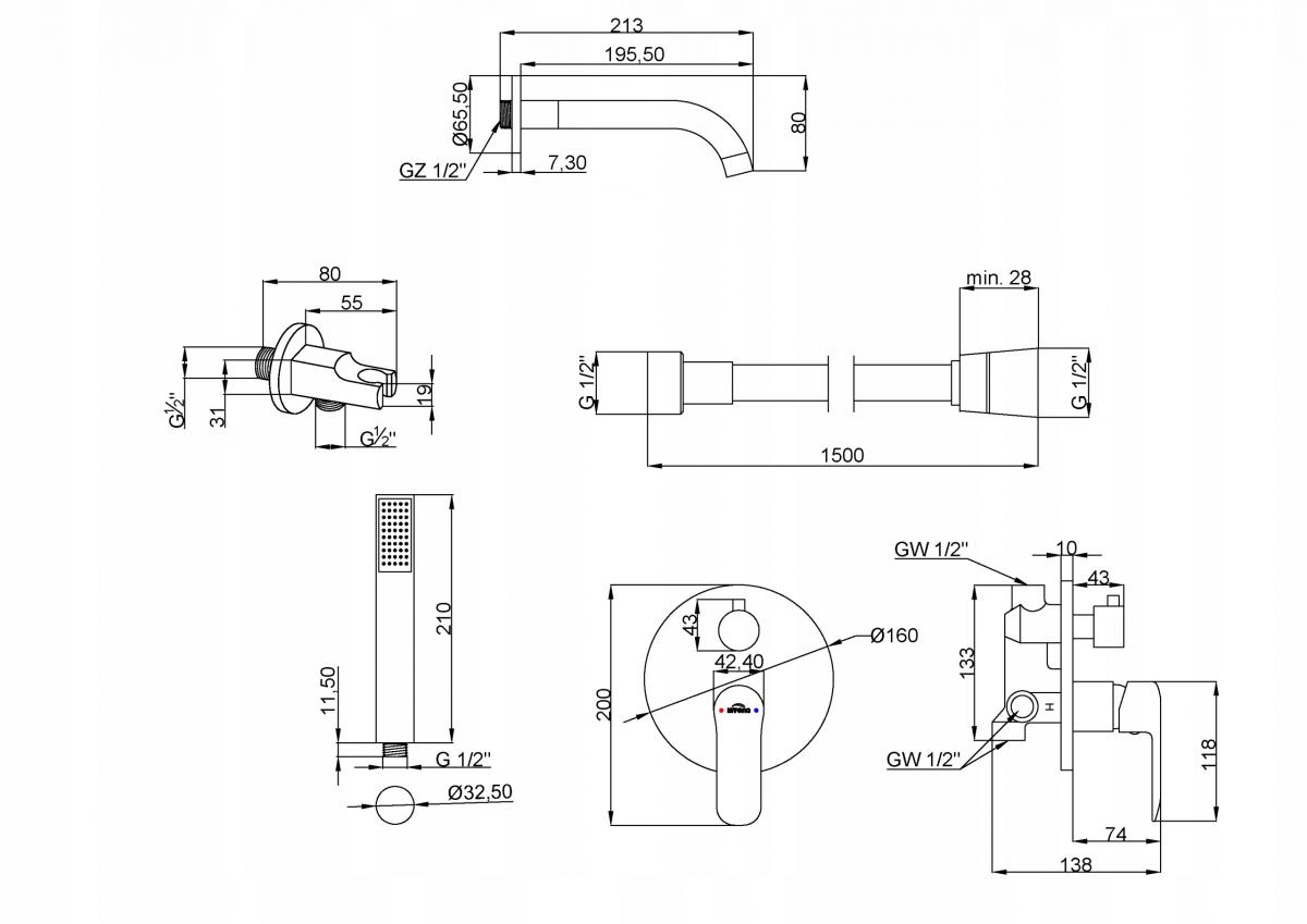 INVENA ZESTAW WANNOWY PODTYN Z BATERIĄ PODTYNKOWĄ 2-FUNKCYJNĄ SIROS