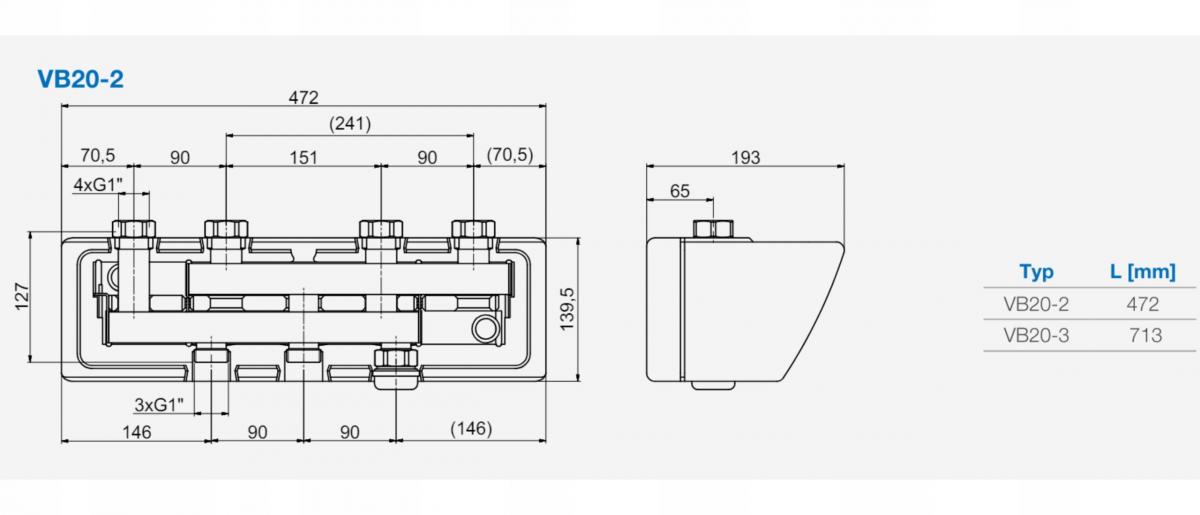 Rozdzielacz do grup pompowych HK20/HKM20, 2 obiegi, do 38 kW (?t = 20 K).