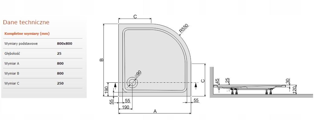 Brodzik akryl półokrągły SANPLAST Free Line BP/FREE 80x80x2,5+STB biały