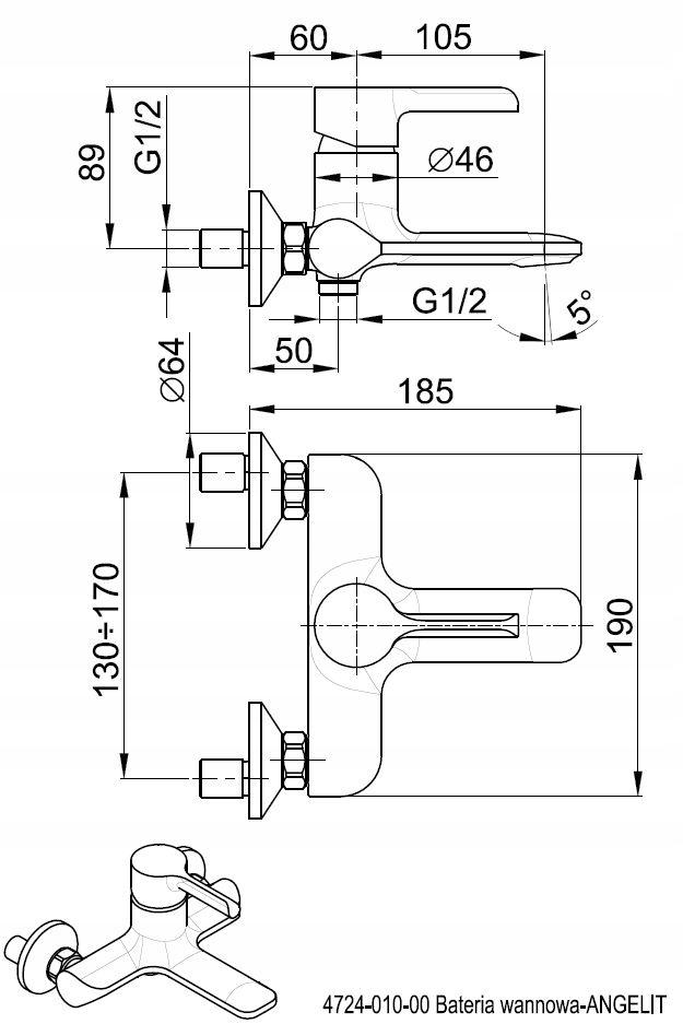Bateria wannowa ścienna ARMATURA KRAKÓW BARYT 1-uchwyt 2-otw mosiężna chrom