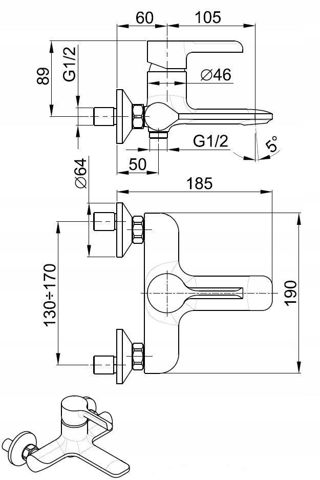 Bateria wannowo-natryskowa ścienna KLUDI VITALLE TAIL 2-otw mosiężna chrom