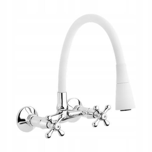 Bateria umywalkowo - zlewozmywakowa INVENA ścienna ROMA z białą elastyczną wylewką 48h