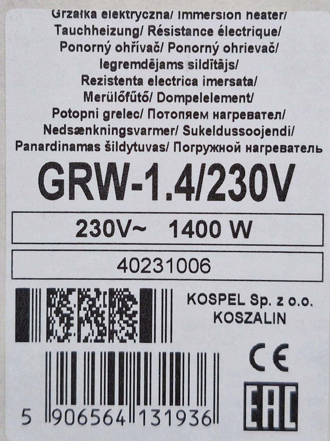 Grzałka elektryczna typ 50 1.4 kW 230 V 1 1/2 z termost KOSPEL GRW-1.4 kW