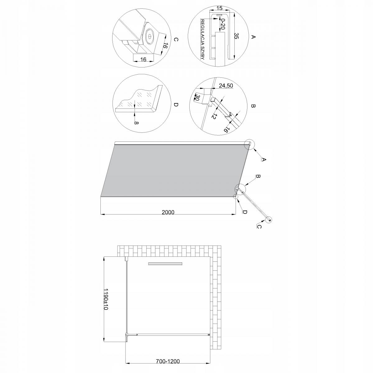 INVENA KABINA WALK-IN II TREND 120X200CM GRAFIT 8MM SHINY-GLASS CZARNY
