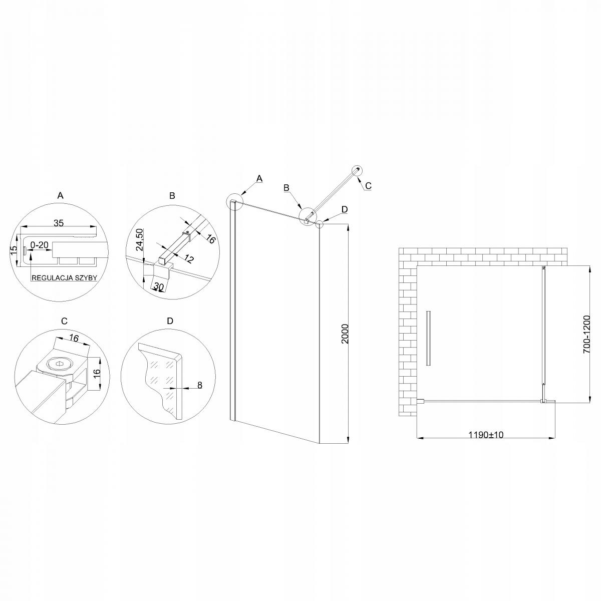 INVENA KABINA WALK-IN II 120X200CM RAMKA 8MM SHINY-GLASS CZARNY