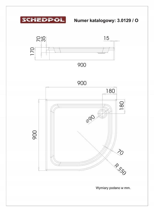 SCHEDPOL Brodzik akryl Grando Plus z podbudową Stabilsound 90x90 półokrągły