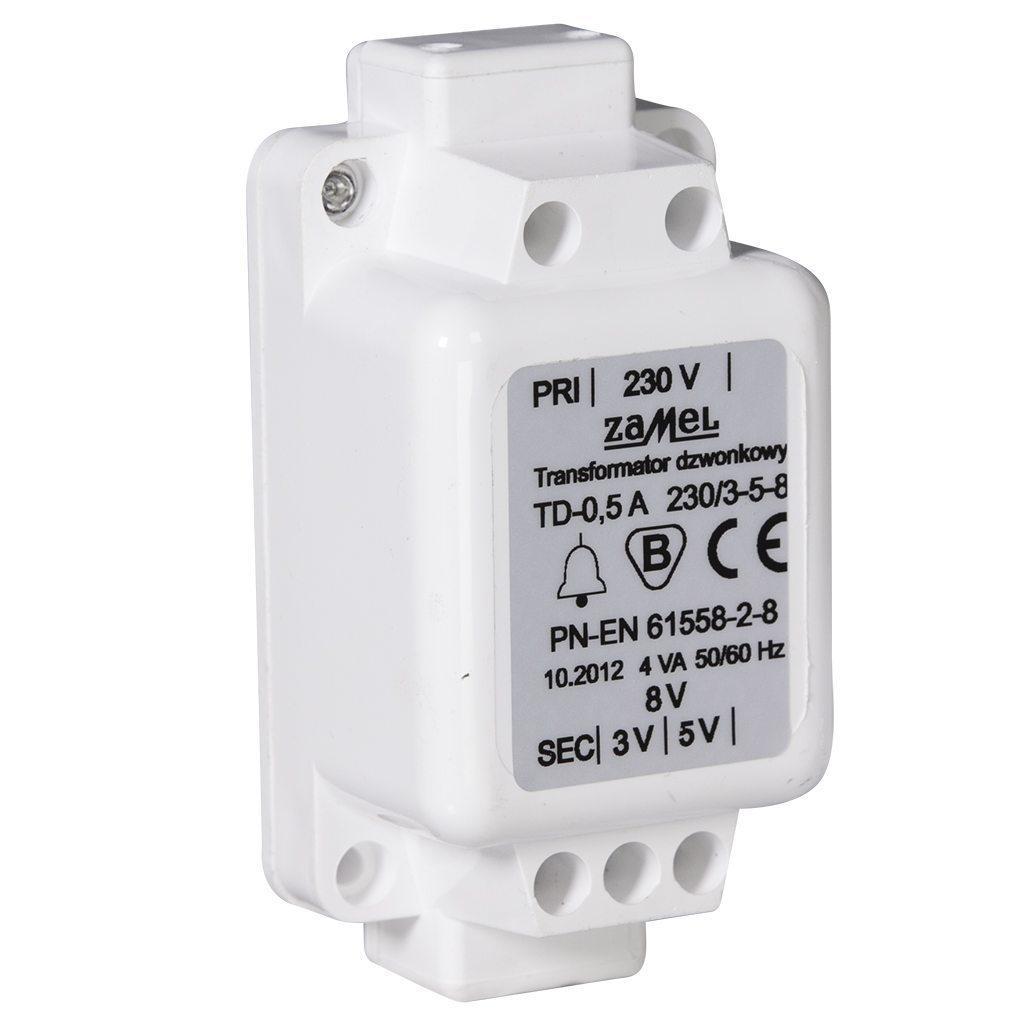 ZAMEL Transformator dzwonkowy natynkowy, TD-230V/3-5-8V, biały