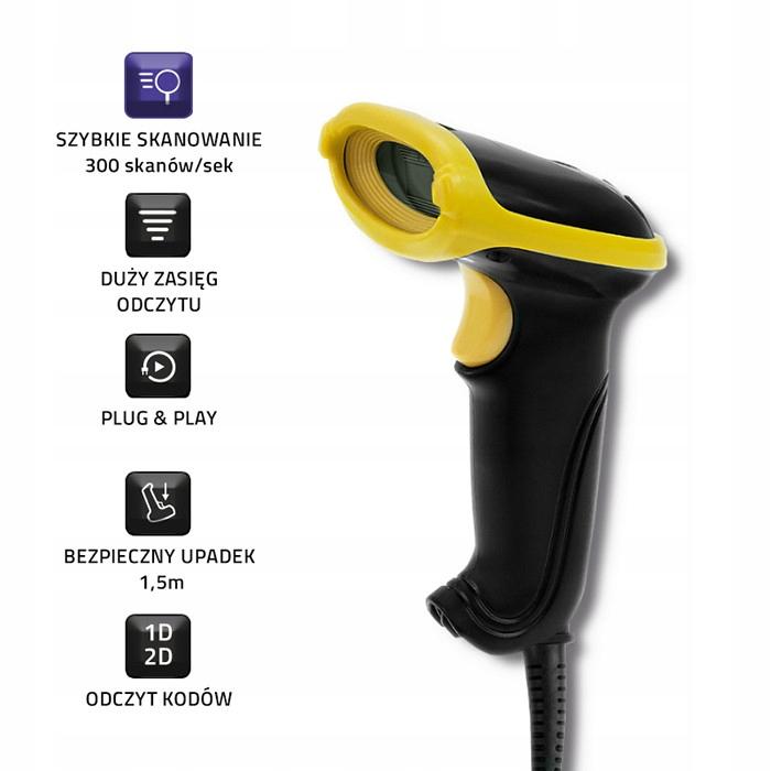 QOLTEC Laserowy czytnik kodów 1D, 2D, USB, Czarny, 50867